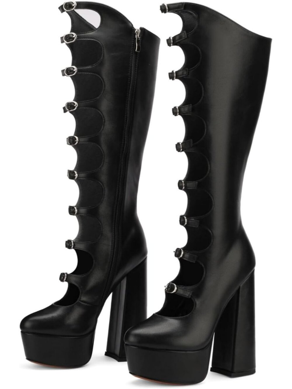 Women's Goth-Black Faux Leather Punk Combat Mid Calf Knee High Chunky Heels Boot